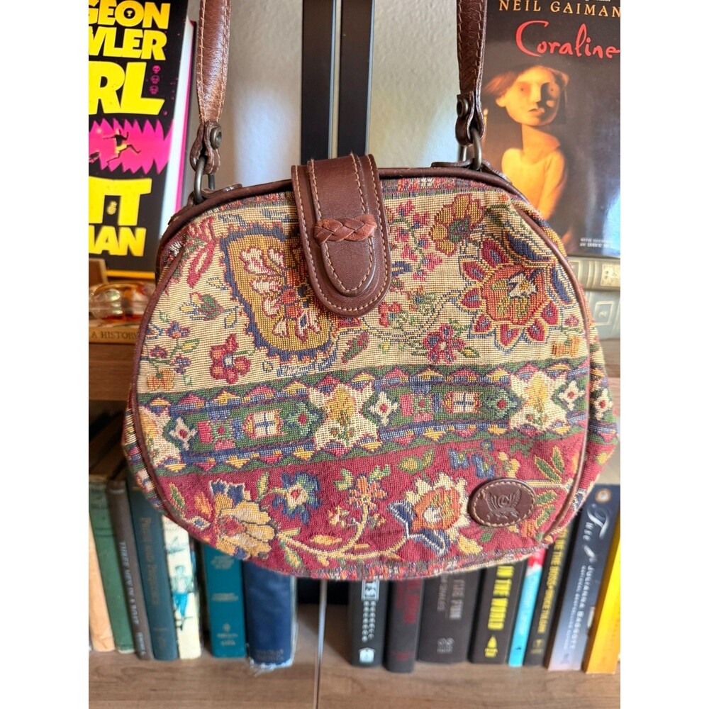 Vintage Liz Claiborne 1990 Floral Tapestry Crossbody Bag Leather Grannycore